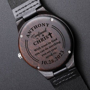 Wood watch confirmation gift for boys with personalized engraved date, Confirmed in Christ gifts