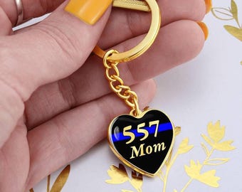 Personalized police mom keychain | Law enforcement officer mom jewelry | Thin blue line mother gifts from deputy sheriff