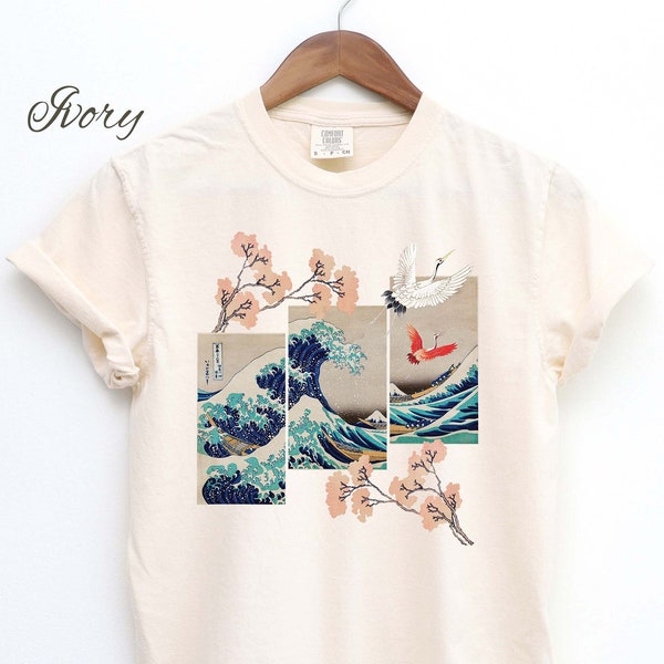 Camisa japonesa Kanagawa Wave Comfort Colors, camiseta japonesa Sakura, camisa de flor de cerezo, camisa japonesa estética, regalo de Japón, arte japonés