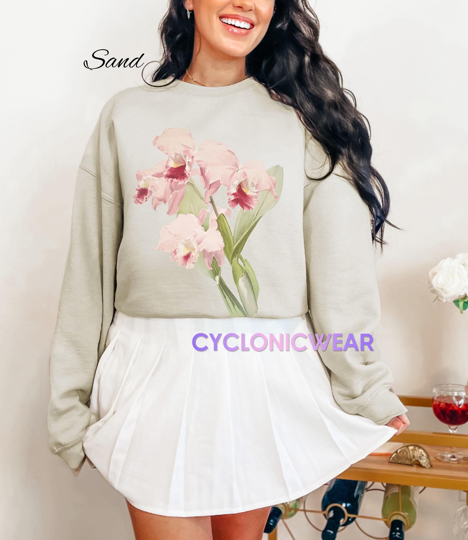 Pink Orchid Sweatshirt, Cottagecore Sweater, Flower Girl