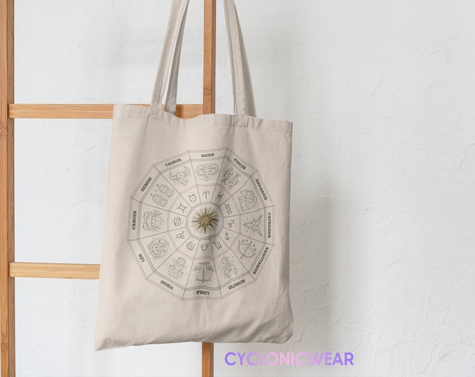 Astrology Wheel Tote Bag, Zodiac Tote Bag, Celestial Tote Bag, Spiritual Tote Bag, Cotton Reusable Tote Bag