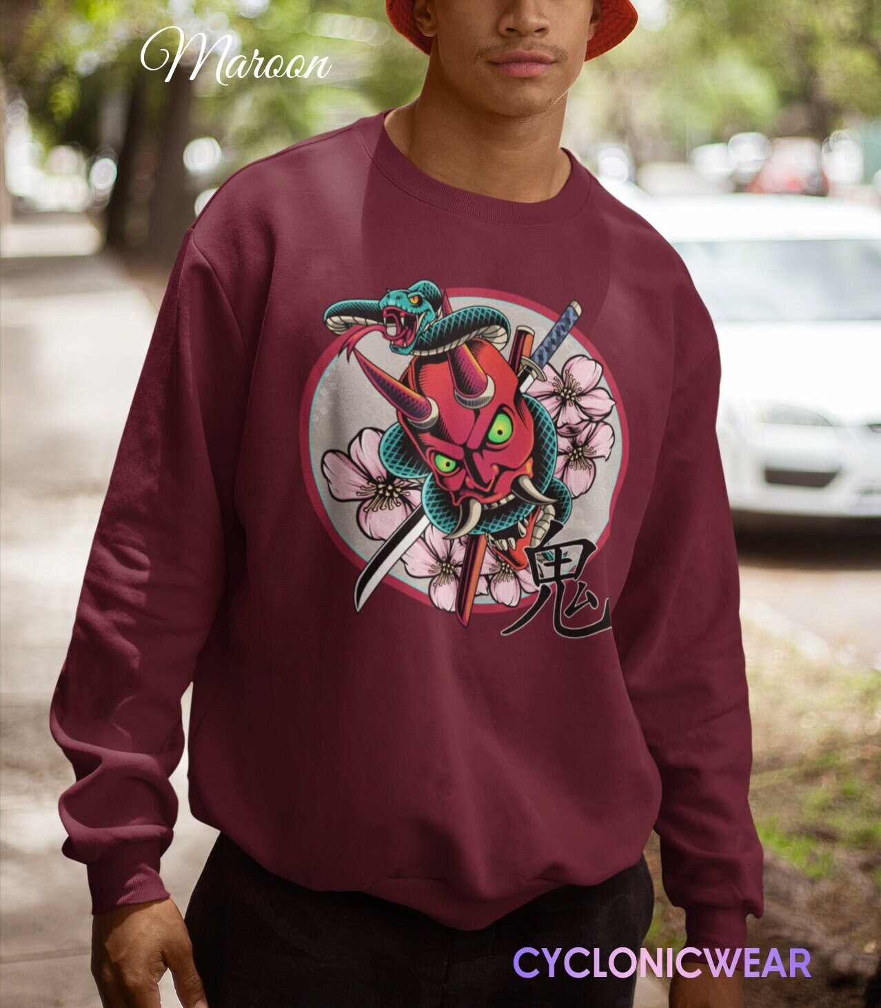 cyclonicwear Oni Mask Japanese Sweatshirt, Japanese Streetwear, Japanese Folklore Sweater, Aesthetic Clothing, Sakura Crewneck, Yokai Demon Crewneck