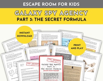 Printable spy theme escape room fun kids' activity, elementary children's classroom homeschool education, rainy day mystery puzzle code game