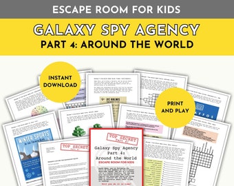 Printable spy theme escape room fun kids' activity, elementary children's classroom homeschool education, rainy day mystery puzzle code game