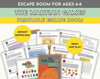 Printable Martian theme escape room fun activity for kids, elementary children's classroom homeschool education, alien puzzle game for kids