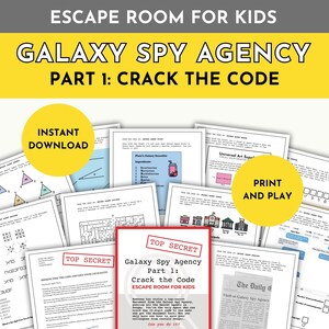 Pode incluir: Um jogo de escape room imprimível para crianças chamado "Galaxy Spy Agency: Crack the Code". O jogo apresenta uma variedade de quebra-cabeças e desafios, incluindo um labirinto, uma atividade de quebra de código e uma busca de palavras. O jogo é projetado para crianças de 8 anos ou mais.