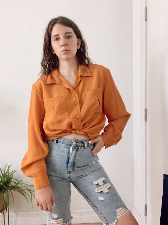 Vintage 80's Silk Blouse Orange Padded Shoulder |