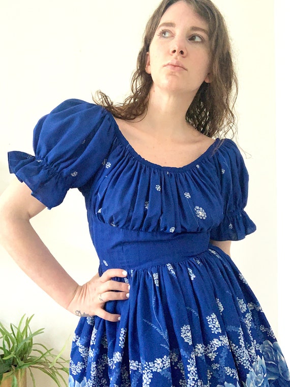 Vintage Blue Floral Puff Sleeve Dress