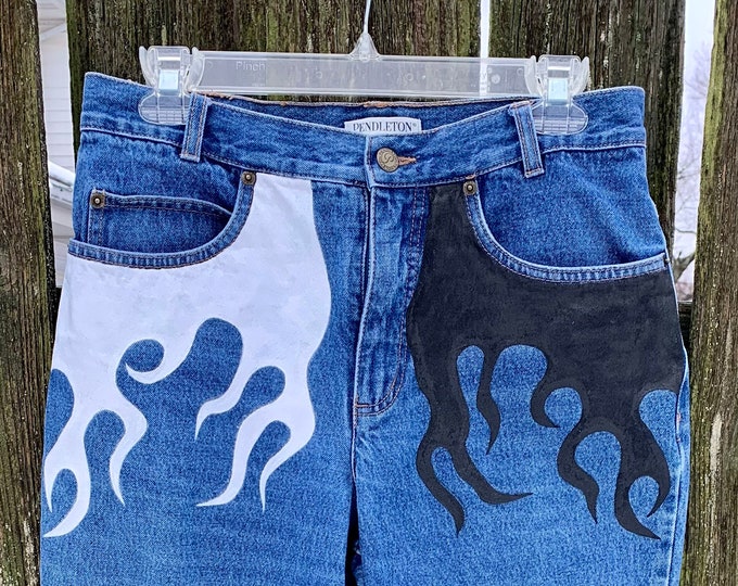 Hand Painted Black and White Flame Jeans-vintage Mom Jeans-trendy Women ...