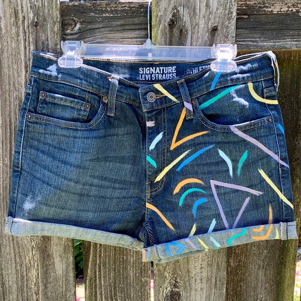 Hand Painted Jean Shorts-Mom Jeans-Painted Women's Denim-Custom Levi's-Colorful Abstract Design