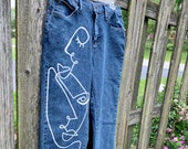 Trendy Face Print Jeans-Mom Jeans-Painted Jeans-Custom Women 39 s Denim-Artsy Clothes-Painted Face Pattern-One Line Drawing-Abstract Art