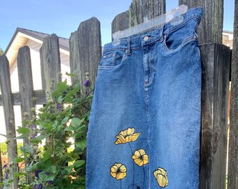 Hand Painted Yellow Flower Jean Skirt-Women's Denim Skirt-Custom Painted Floral Jeans-Vintage Mom Jeans-Size 6 Jean Skirt-Trendy Clothes