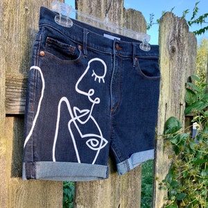 Trendy Face Print Jean Shorts-Mom Jeans-Painted Jeans-Custom Women's Denim-Artsy Clothes-Painted Face Pattern-One Line Drawing-Abstract Art