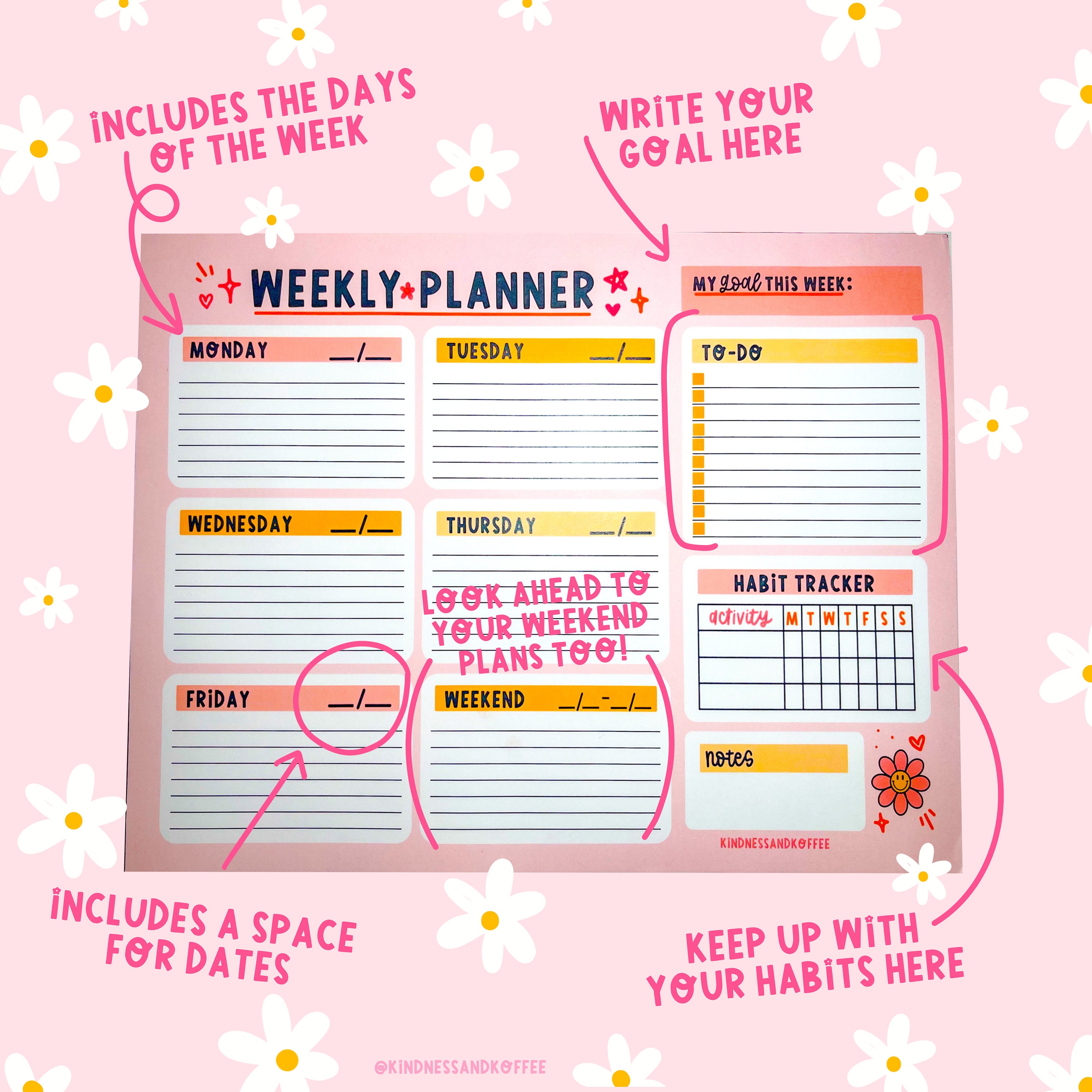 Cute Daisy Weekly Planner Pad // 8.5x11 Tear Away Notepad // To-do List ...