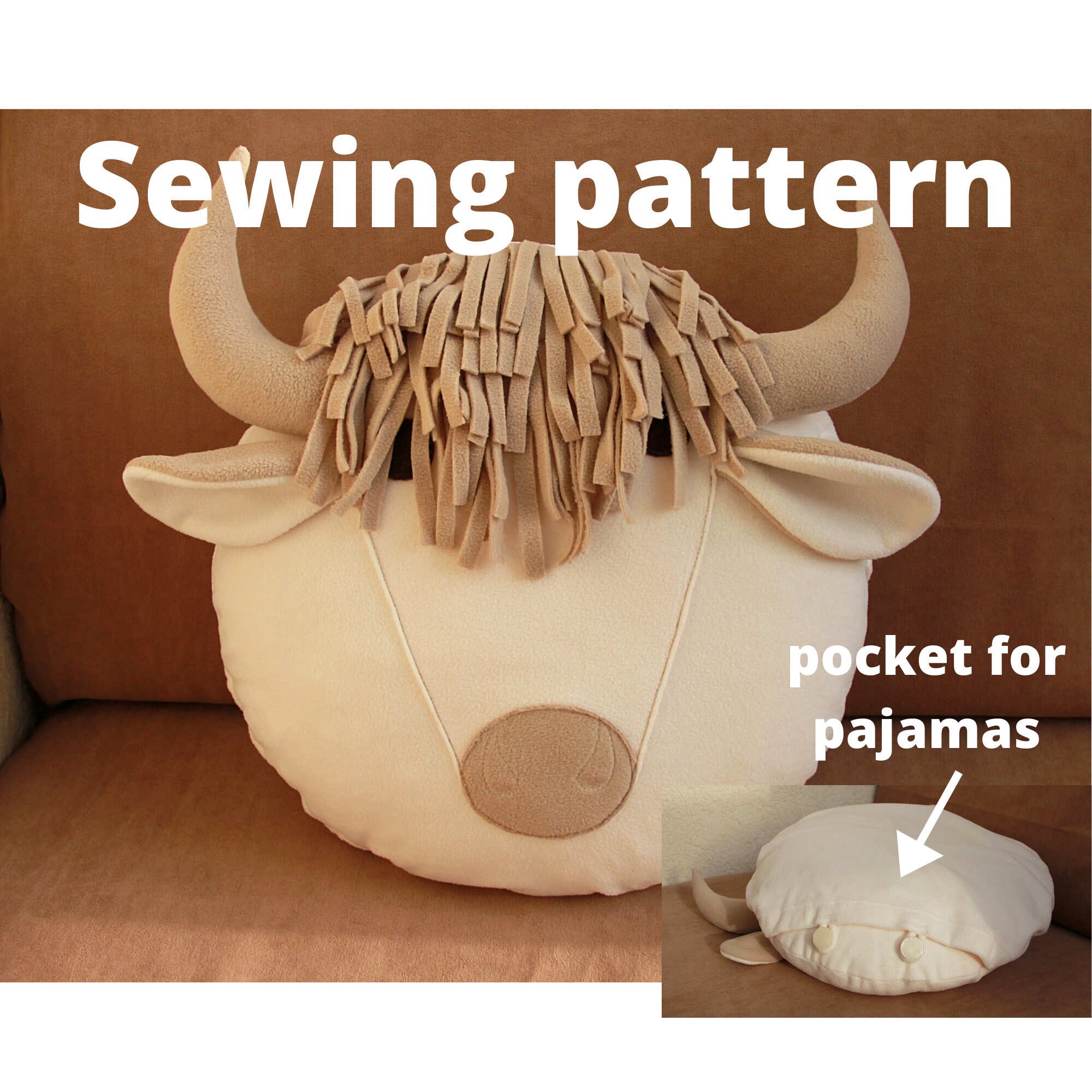 Highland cow pajama pillow. Sewing pattern. Cute Cow decor. | Etsy