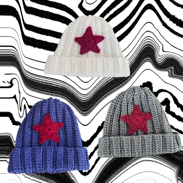 PATTERN: Crochet Y2K Star Beanie | ribbed crochet handmade aesthetic grunge knitwear beanie winter hat gift accessory fairy core