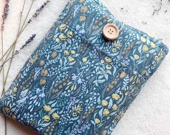 Protège-livre fleuri avec poche, Couverture de livre rembourrée, jaquette de livre, pochette de livre bleue, accessoires de livre, cadeau pour amoureux des livres, protège-livre, sac de livre