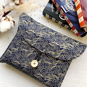 Japanese Waves Book Bag, Padded Book Sleeve, Book Cover, Book Protector, Book and Kindle Accessories, Bookish Gifts, Book Purse