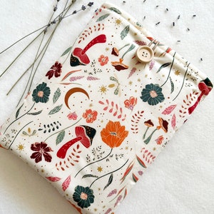 Mushroom Book Sleeve, Padded Book Cover, Book Purse, Floral Book Pouch, Book Accessories, Book Lover Gift, Book Protector, White Book Bag
