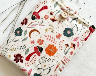 Mushroom Book Sleeve, Padded Book Cover, Book Purse, Floral Book Pouch, Book Accessories, Book Lover Gift, Book Protector, White Book Bag