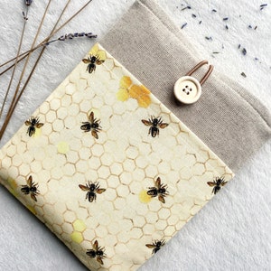 Bee Padded Book Sleeve, Book Pouch, Book Protector, Fabric Cover with Pocket, Book Bag, Bookish Gift, Paperback and Hardcover Books.