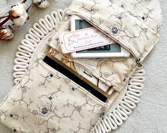 Floral Double Book Sleeve with Pockets, Embroidery Padded Notebook Cover, Kindle Case, Book Accessories, Bookish Gifts for Readers, Book Bag