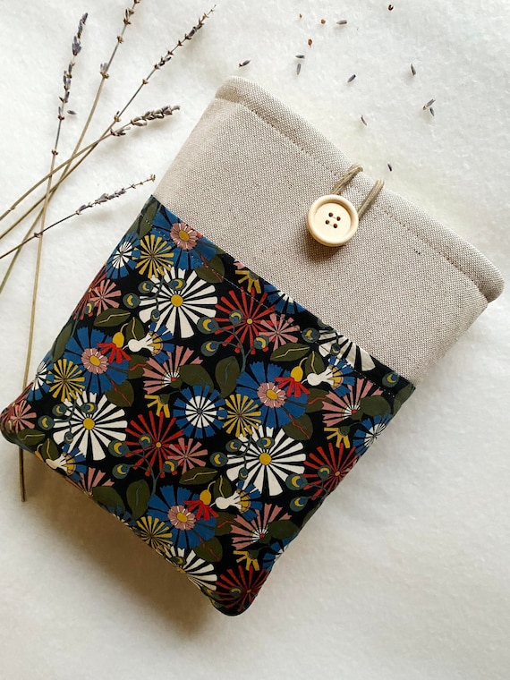 Floral Embroidered Book Sleeve - Padded Canvas Book Cover For Paperbacks & Hardcovers With Wooden Button