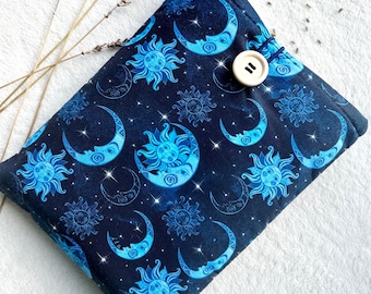 Celestial Book Sleeve, Padded Book Cover, Moon Book Jacket, Blue Book Pouch, Book Accessories, Book Lover Gift, Book Protector, Book Bag