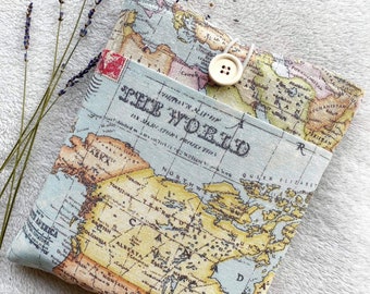 World Map Book Sleeve with Pocket, Padded Book Cover, Book and Kindle Accessory, Book Protector, Book Bag, Bookish Gifts, Book Purse