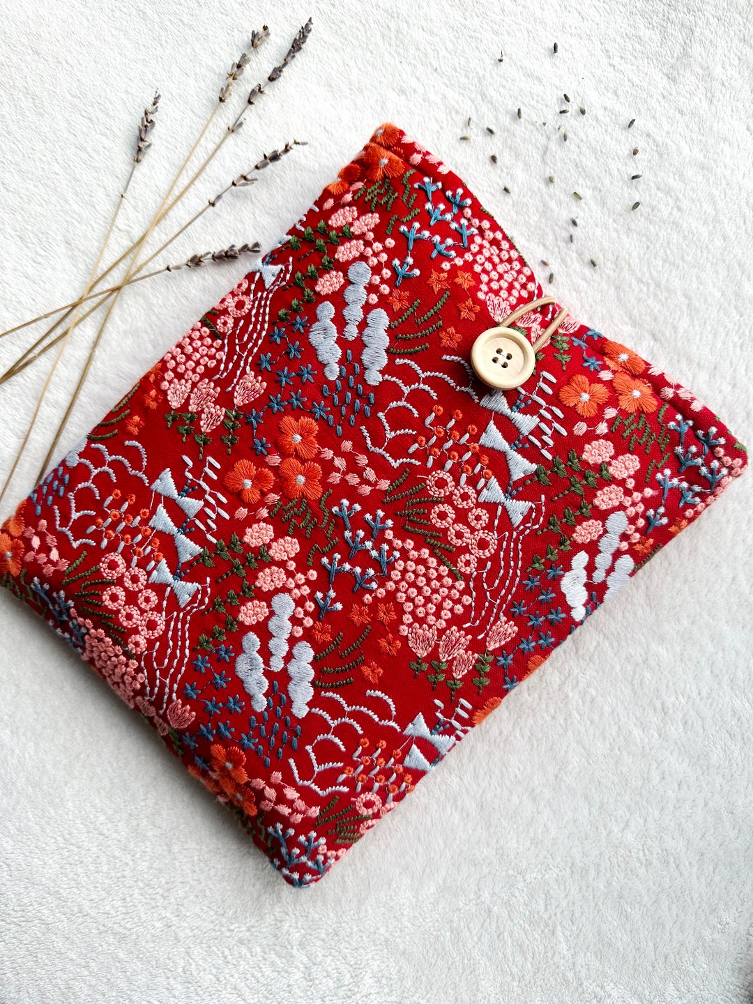 Embroidered Book Sleeve, Floral Padded Book Cover, Book and Kindle