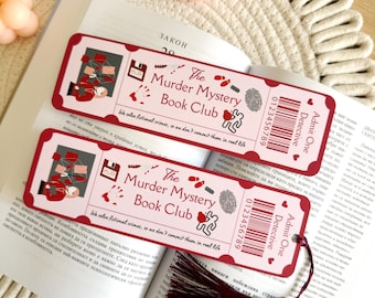 Marcador de libros con borlas para el club de lectura de misterios y asesinatos, marcapáginas con el lema "Admit One Ticket Crime", accesorios para libros, protector de páginas de libros, regalos para lectores amantes de los libros