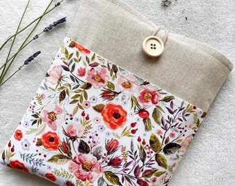 Floral Book Sleeve with Pocket, Padded Book Cover, Book Purse, Linen Book Pouch, Book Accessories, Book Lover Gift, Book Protector, Book Bag