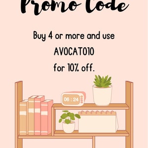 May include: Illustration of a wooden shelf with books, plants, and a clock. The text "Promo Code" is at the top, with details about a discount using code AVOCATO10. The clock shows 06:24.