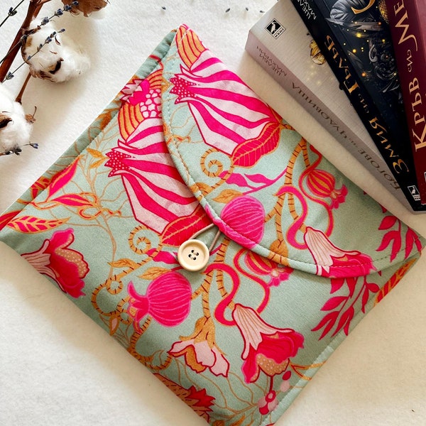 Pomegranate Book Purse, Padded Book Sleeve, Floral Book Cover, Mint Book Pouch, Book Accessories, Book Lover Gift, Book Protector, Book Bag