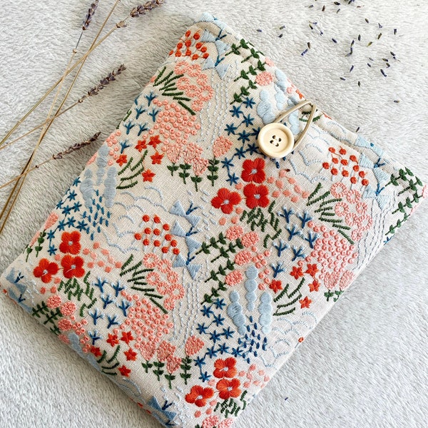 Embroidery Floral Book Sleeve, Padded Book Cover, Book Purse, Book Pouch, Book Accessories, Book Lover Gift, Book Protector, Book Bag