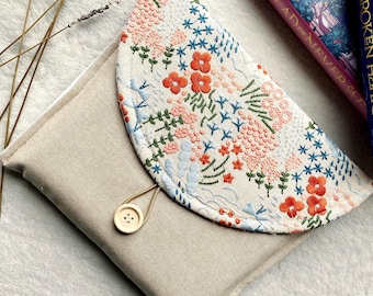 Floral Book Bag, Embroidered Book Sleeve, Padded Book Purse, Book Pouch, Book Protector, Book Accessories, Bookish Gifts, Kindle Sleeve.