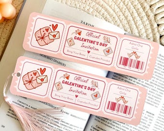 Peut inclure: Deux marque-pages rectangulaires en papier aux bords festonnés, arborant un thème rose et blanc pour la Saint-Valentin. Le design inclut des illustrations de cadeaux, d'enveloppes et d'oiseaux, avec le texte Official Galentine's Day Invitation.