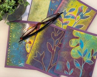 Foliage, Original Art Card Set of 5, Blank Notecards, Handmade, All Occasion, Removable Art, Gelli plate, Mixed Media, Plants