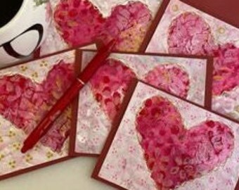 Love, Original Art Card Set of 5, Blank Notecards, Gelli Plate, Handmade, Greeting Cards, All Occasion, Heart, Signed Art, Contemporary Art