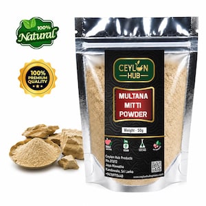 May include: A 50g pouch of Ceylon Hub Multana Mitti powder with a black and gold label. The packaging features text including 100% Natural, 100% Premium Quality, and Vegan. Beside the pouch are small chunks of raw clay and a bowl of fine powder.