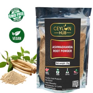 May include: A package of Ashwagandha root powder with the text "Ceylon Hub" and "Ashwagandha Root Powder". The package is silver and black with green and red accents. The image also shows a pile of powder, roots, and leaves.