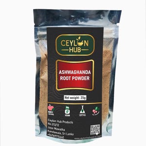 May include: A clear, resealable pouch containing ashwagandha root powder. The product label features the text "CEYLON HUB" and "ASHWAGHANDA ROOT POWDER." The net weight is 25g. The label also includes icons indicating the product is natural and vegan.