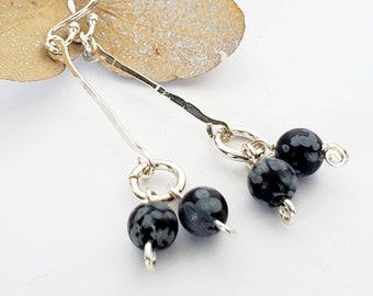 Genuine snowflake obsidian black white gemstones, Hand forged sterling silver wire and ear wires, Handmade unique jewelry, Gift for her