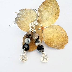 Zebra agate gemstone beads, Hand forged spiral wire, Multicolored bead earrings, Tiny minimalist earrings, Silver plated ear wires