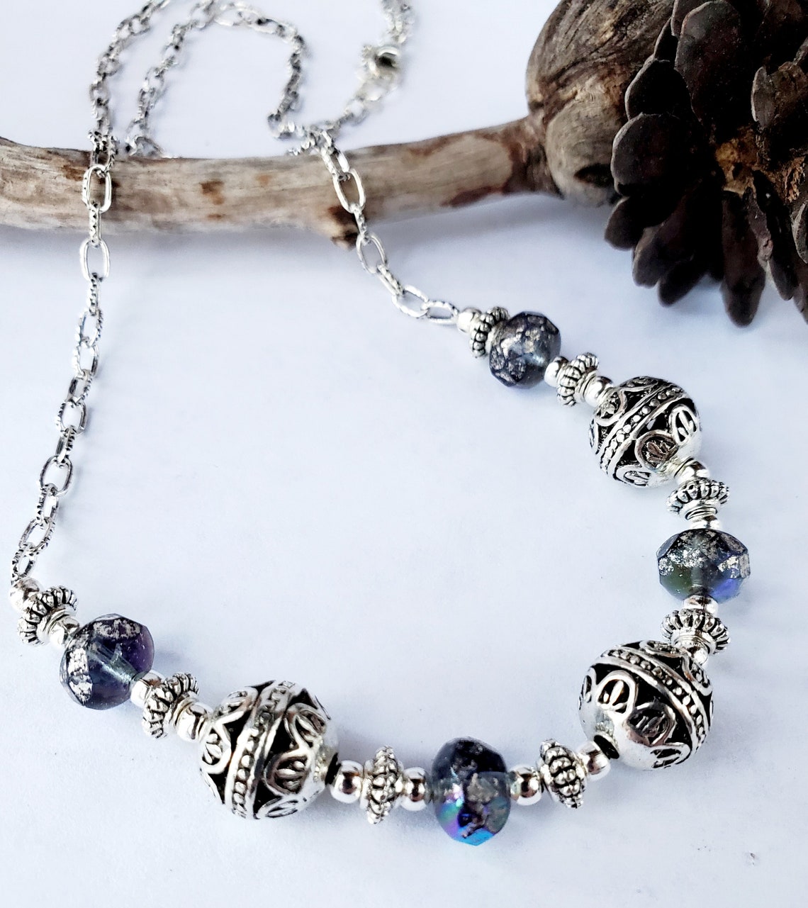 Blue and Bali bead necklace Bead necklace Bead and silver Etsy