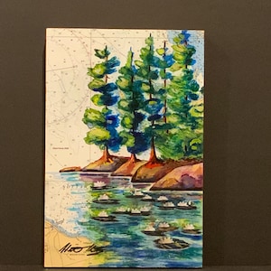 Étang aux nénuphars, création originale, carte montée à bord avec une peinture acrylique originale de paysage nordique par Heather Kertzer
