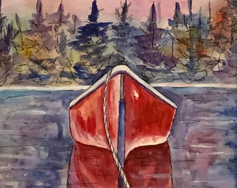 Red Canoe Original Watercolor Painting, Northern Canadian Lake Art