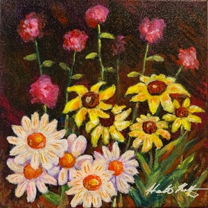 Garden Party , featuring a stunning garden floral arrangement on a 10x10” acrylic canvas, painting created by Heather Kertzer