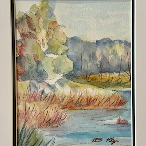 Kettle’s Lake is a beautiful 8x10 inch original watercolor and ink artwork mounted in a 11 x 14 inch single mat by Heather Kertzer