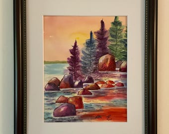 Lugna stränder, Georgian Bay akvarellmålning, stenar, vatten, träd, 11x14 passepartout, kanadensiskt landskap, av Heather Kertzer